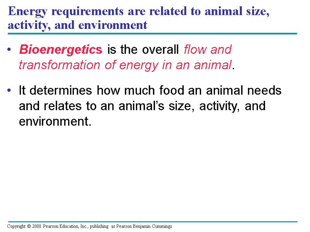 Energy requirements are related to animal size, activity, and environment Bioenergetics is the overall